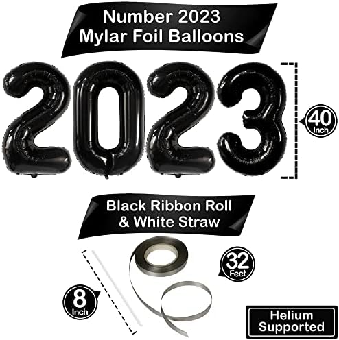 Katchon, Xtralarge, 6.4x8 רגל תפאורה שולית כסף - חבילה של 2 עם מספרי בלונים ענקיים שחורים 2023 - 40 אינץ '|